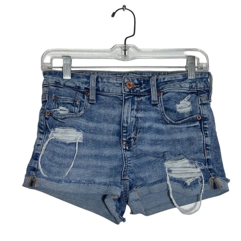 American Eagle Women's Stretch Hi-Rise Shortie Distressed Denim Shorts - Sz 4
